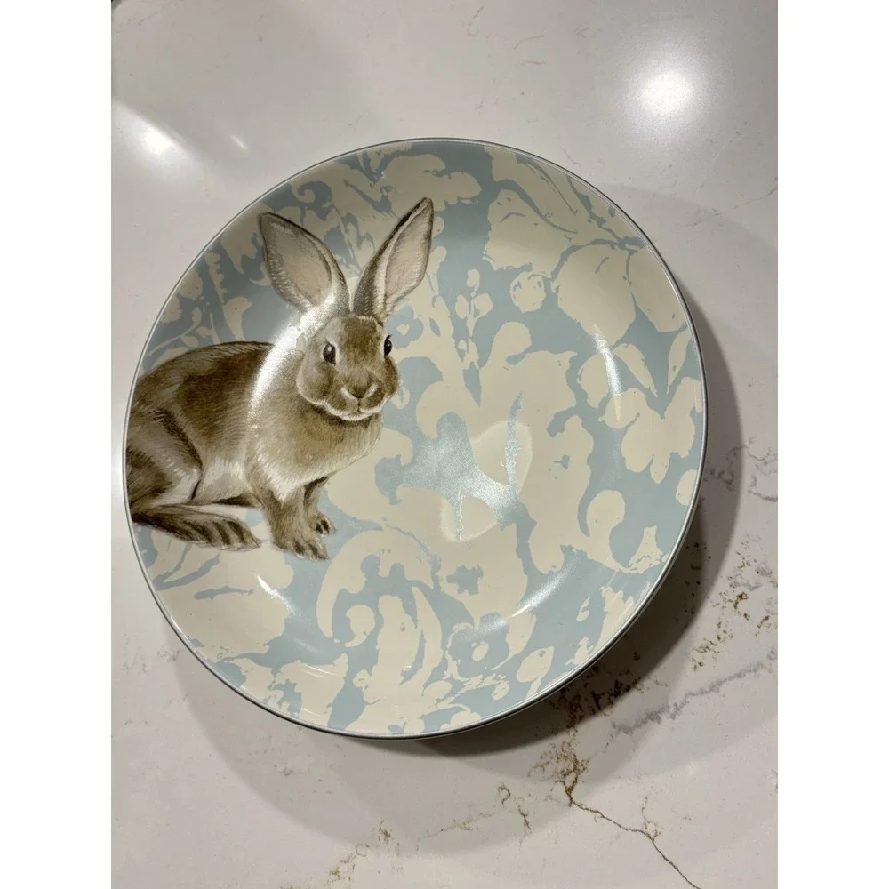 Williams Sonoma Damask Easter Bunny Large Round 3 Qt 12 3/4 Serving Bowl Lt Blue